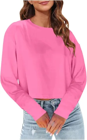 Womens Long Sleeve Cropped T-Shirts Round Neck Drop Shoulder Crop Sweatshirts Solid Casual Crop Tops Tees
