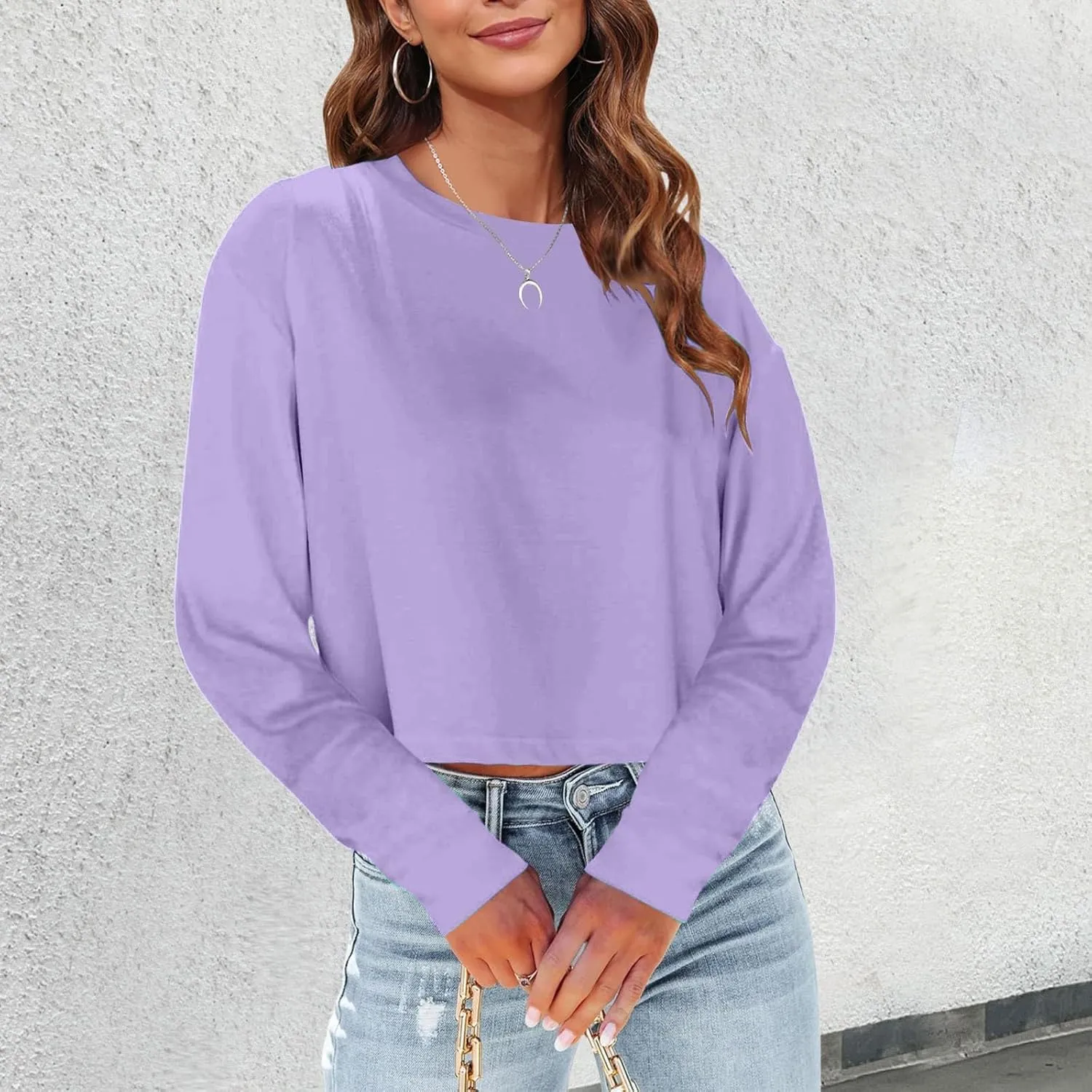 Womens Long Sleeve Cropped T-Shirts Round Neck Drop Shoulder Crop Sweatshirts Solid Casual Crop Tops Tees
