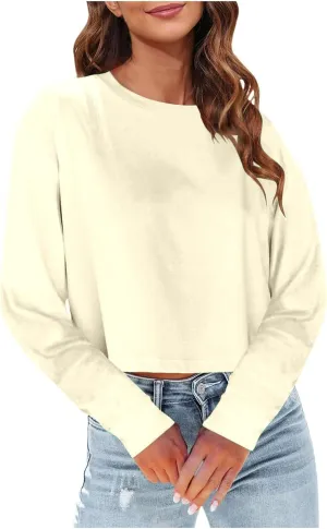 Womens Long Sleeve Cropped T-Shirts Round Neck Drop Shoulder Crop Sweatshirts Solid Casual Crop Tops Tees