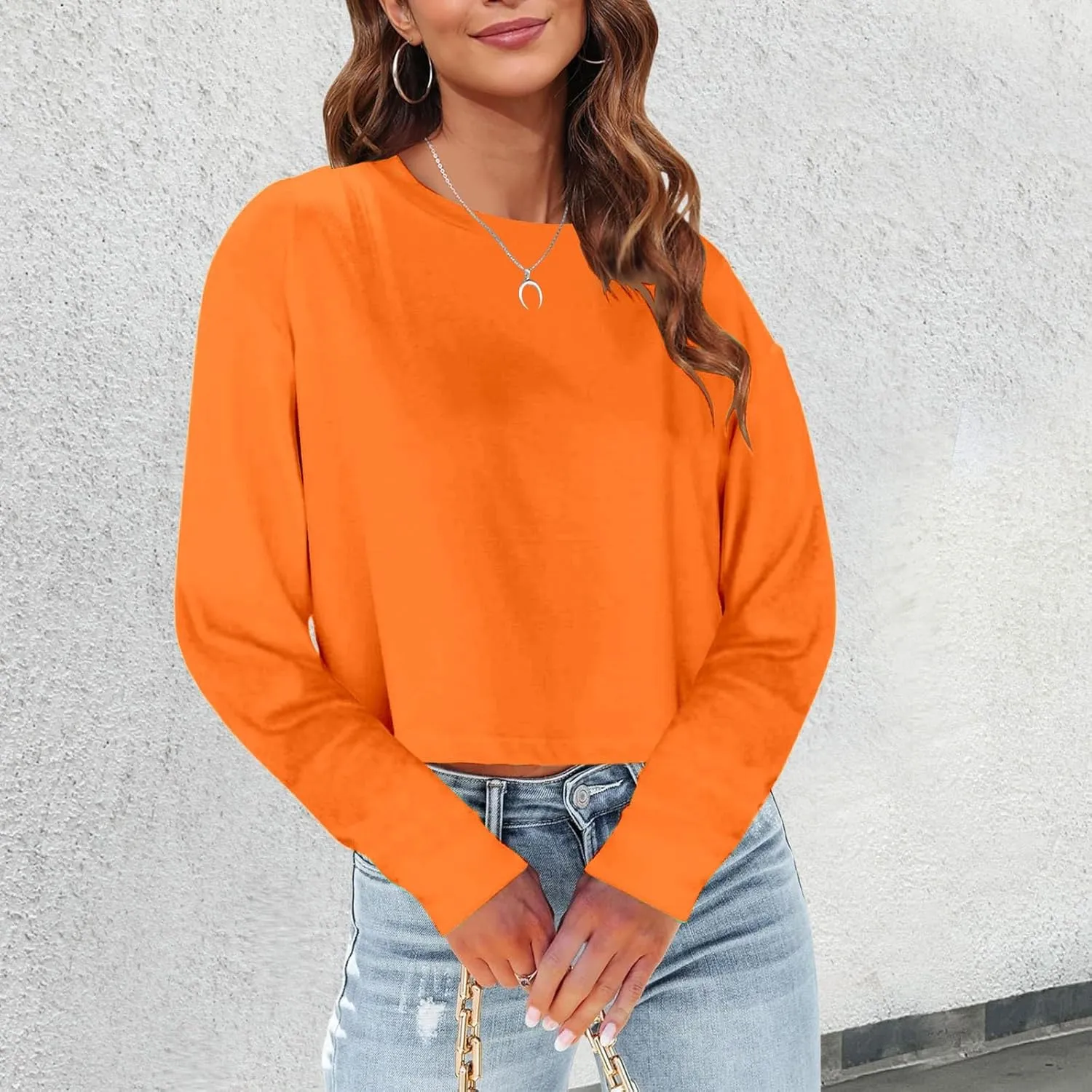 Womens Long Sleeve Cropped T-Shirts Round Neck Drop Shoulder Crop Sweatshirts Solid Casual Crop Tops Tees