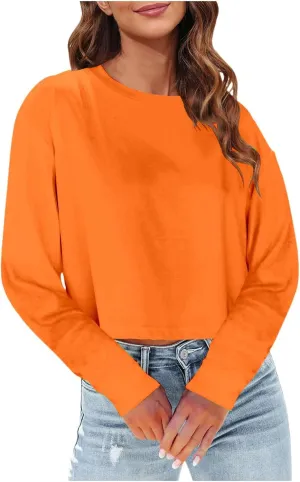 Womens Long Sleeve Cropped T-Shirts Round Neck Drop Shoulder Crop Sweatshirts Solid Casual Crop Tops Tees