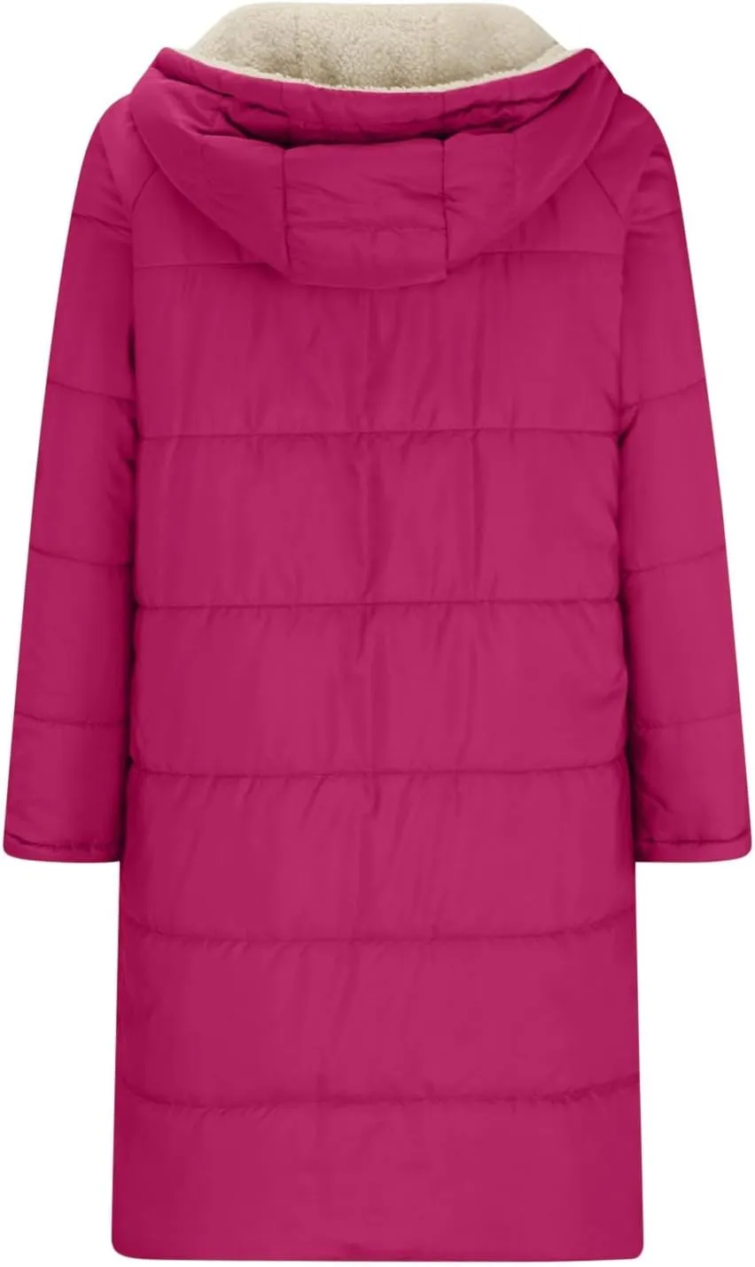 Women's Long Winter Coats Fleece Lined Reversible Hooded Puffer Jackets Windbreaker Full Zip Shearling Warm Down Coat