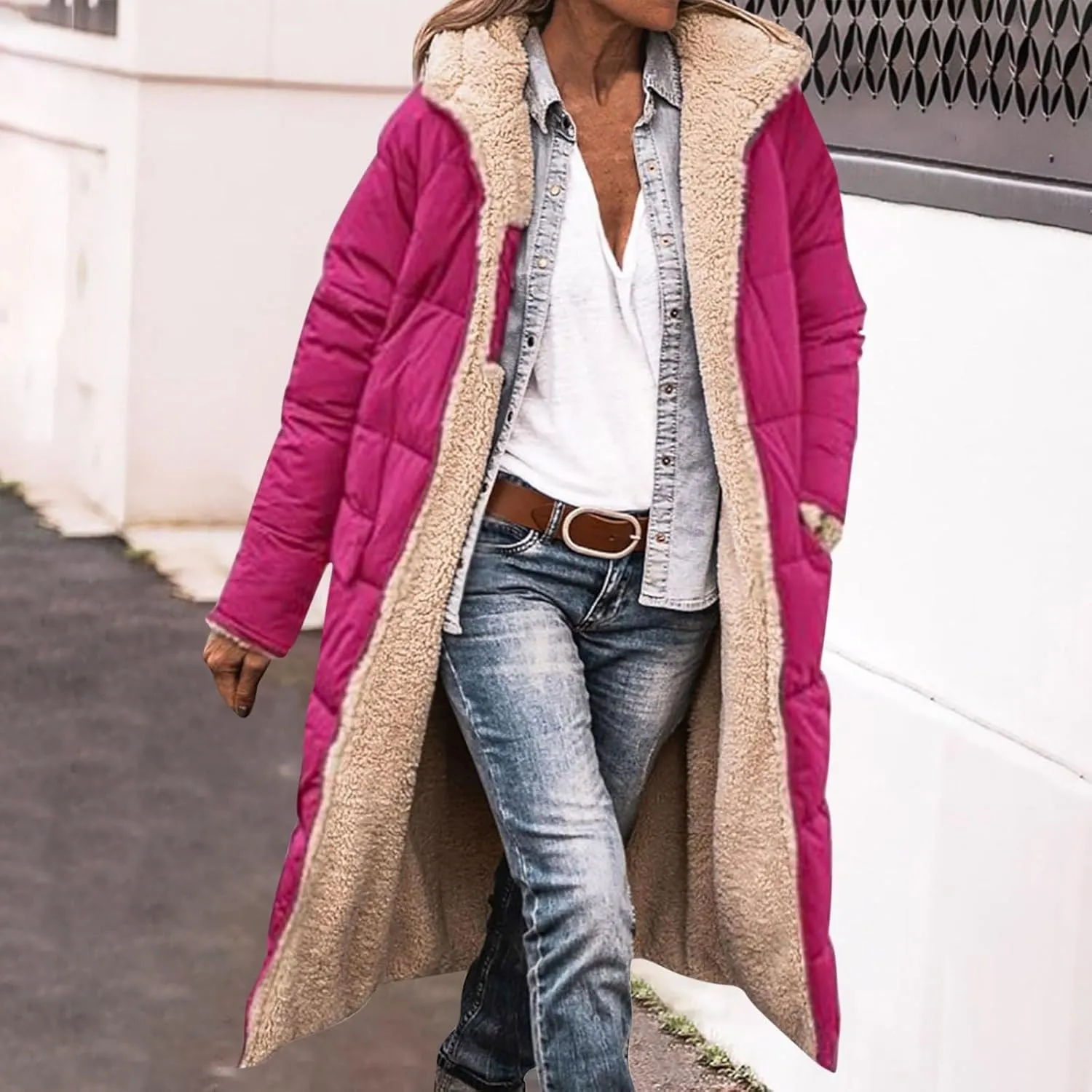 Women's Long Winter Coats Fleece Lined Reversible Hooded Puffer Jackets Windbreaker Full Zip Shearling Warm Down Coat