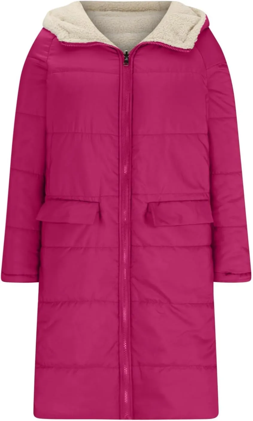 Women's Long Winter Coats Fleece Lined Reversible Hooded Puffer Jackets Windbreaker Full Zip Shearling Warm Down Coat