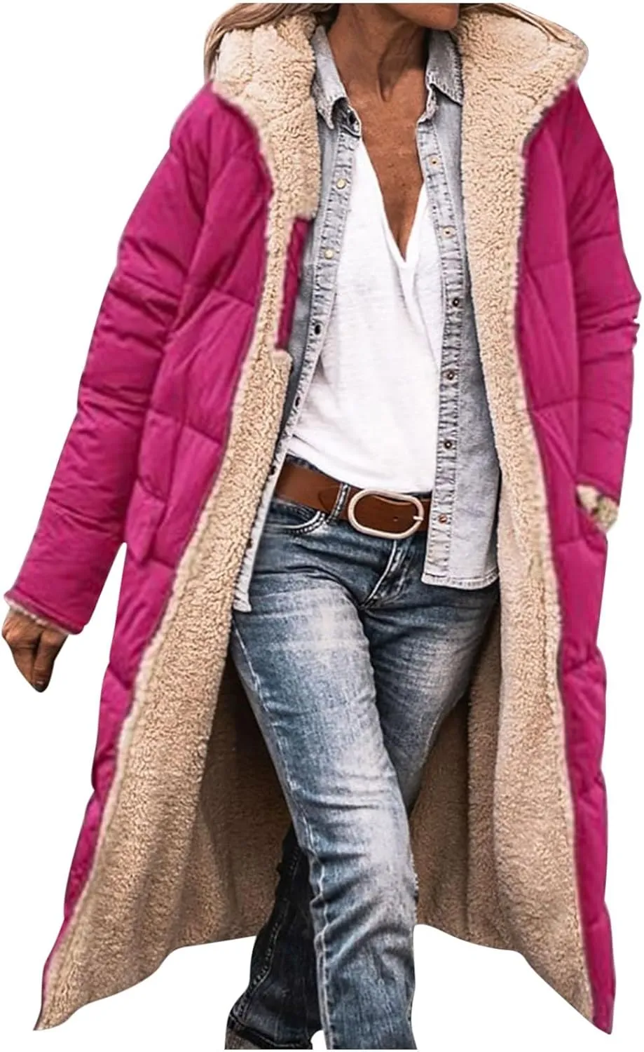 Women's Long Winter Coats Fleece Lined Reversible Hooded Puffer Jackets Windbreaker Full Zip Shearling Warm Down Coat