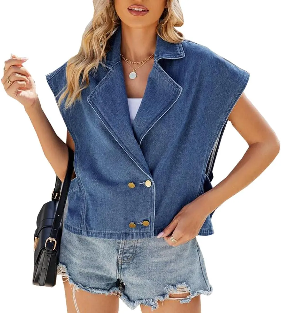 Womens Loose Lapel collar Sleeveless Suit Denim Vest Button UP Jean Waistcoat Jacket Coat