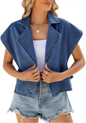 Womens Loose Lapel collar Sleeveless Suit Denim Vest Button UP Jean Waistcoat Jacket Coat