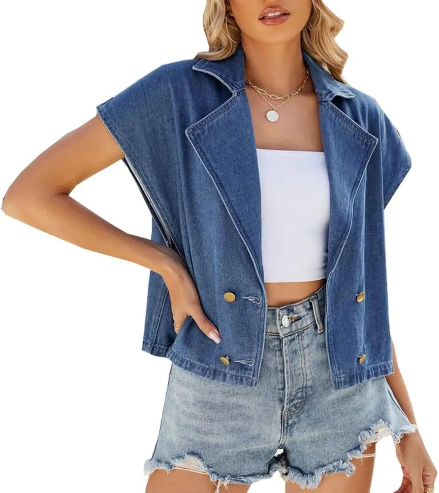 Womens Loose Lapel collar Sleeveless Suit Denim Vest Button UP Jean Waistcoat Jacket Coat