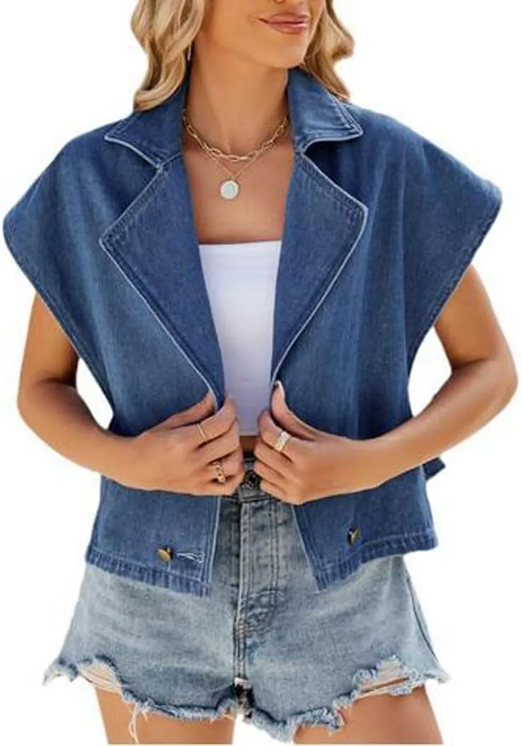 Womens Loose Lapel collar Sleeveless Suit Denim Vest Button UP Jean Waistcoat Jacket Coat