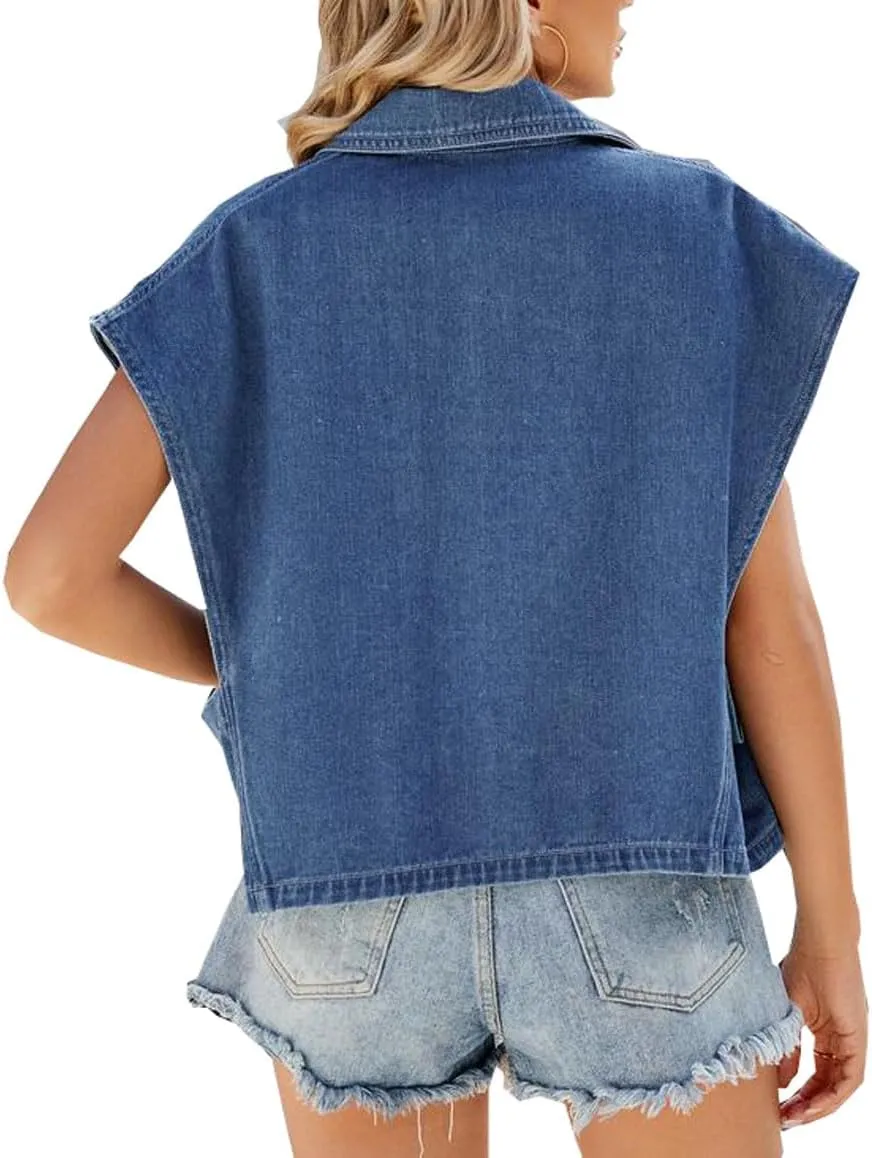 Womens Loose Lapel collar Sleeveless Suit Denim Vest Button UP Jean Waistcoat Jacket Coat