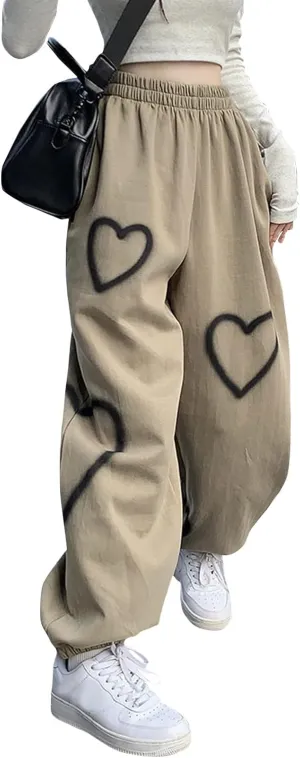 Womens Lounge Baggy Bottom Sweatpants Joggers High Waist Pants Heart Print Joggers Fashion Outfits Y2k Clothes 2024