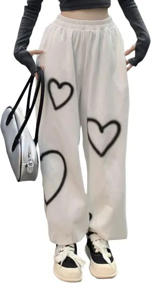 Womens Lounge Baggy Bottom Sweatpants Joggers High Waist Pants Heart Print Joggers Fashion Outfits Y2k Clothes 2024