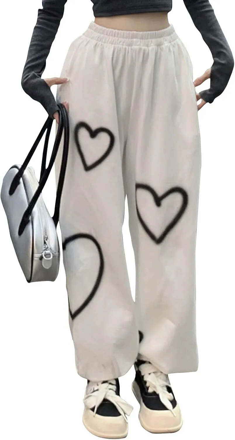 Womens Lounge Baggy Bottom Sweatpants Joggers High Waist Pants Heart Print Joggers Fashion Outfits Y2k Clothes 2024