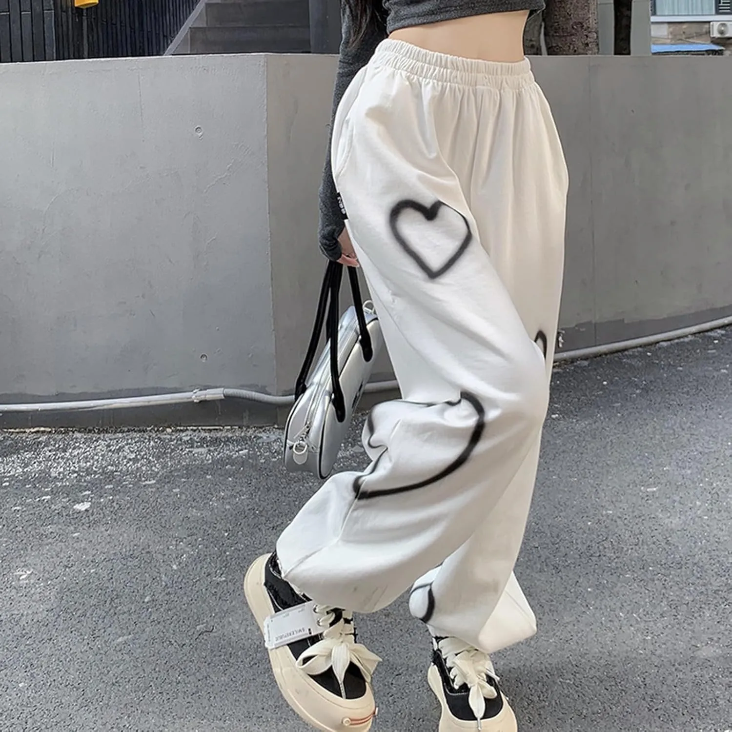 Womens Lounge Baggy Bottom Sweatpants Joggers High Waist Pants Heart Print Joggers Fashion Outfits Y2k Clothes 2024