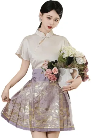 Women's Mamianqun Pleated Horce Face Skirt Chinese Hanfu Dress Mandarin Collar Blouse Mini Skirt Set