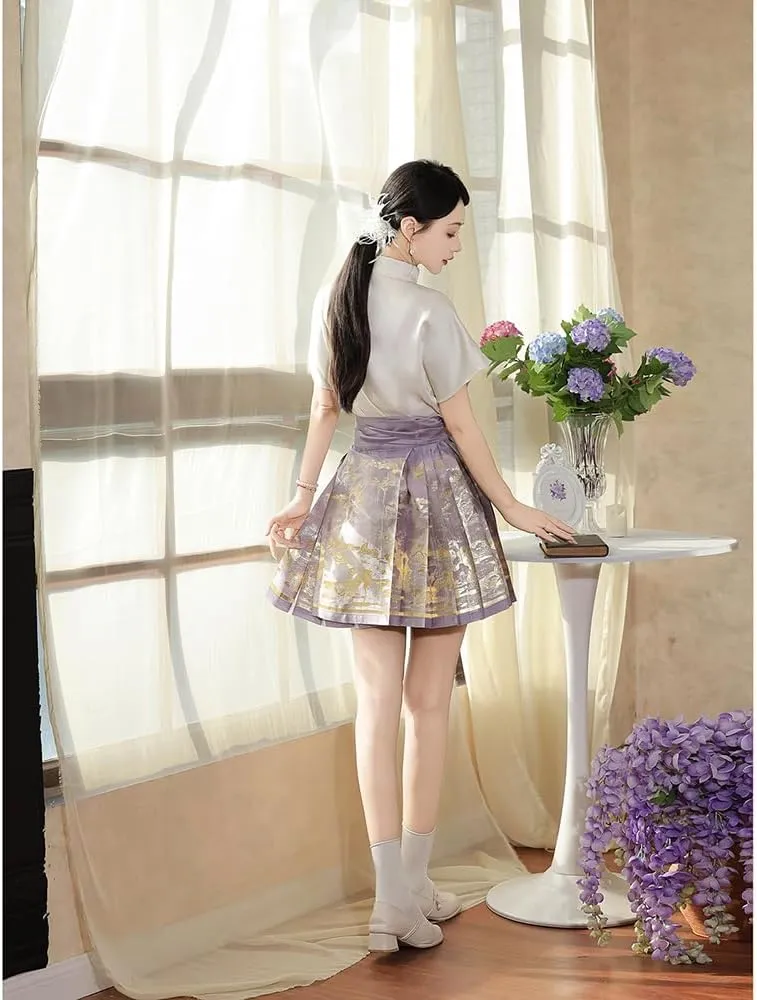 Women's Mamianqun Pleated Horce Face Skirt Chinese Hanfu Dress Mandarin Collar Blouse Mini Skirt Set