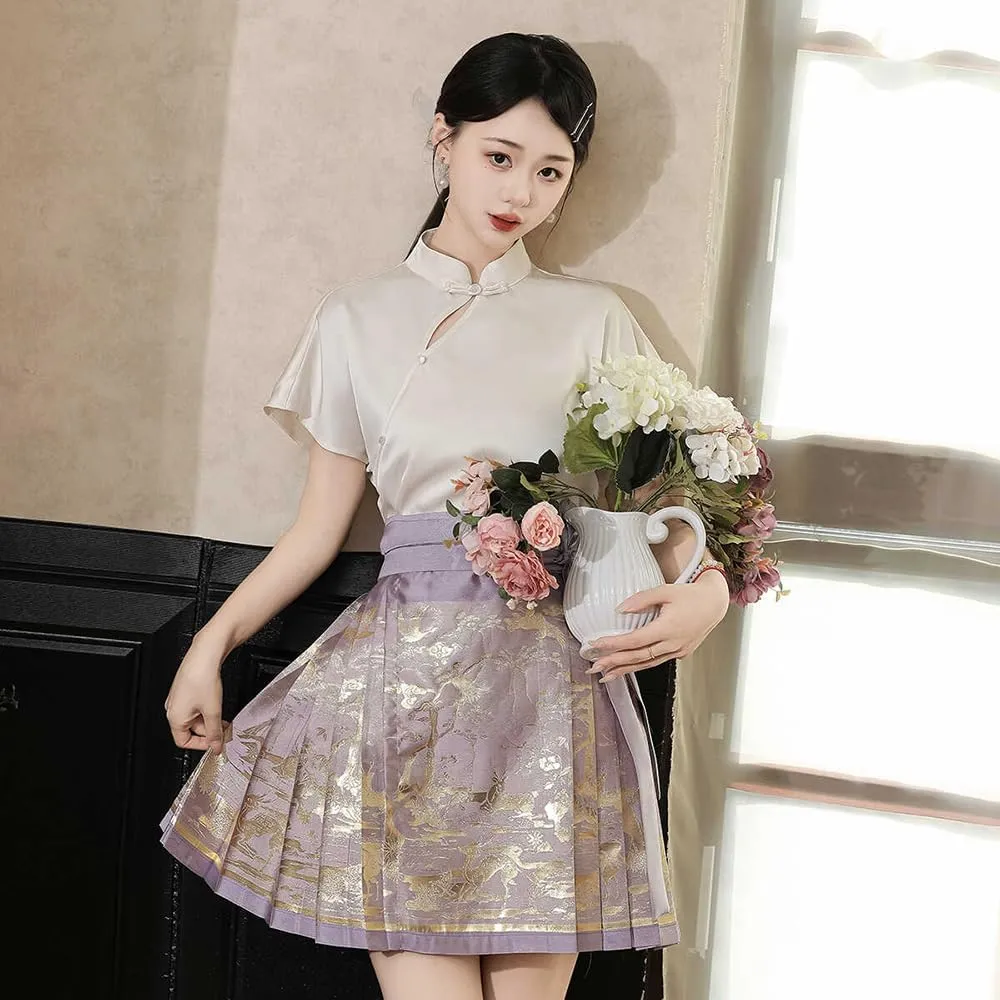 Women's Mamianqun Pleated Horce Face Skirt Chinese Hanfu Dress Mandarin Collar Blouse Mini Skirt Set