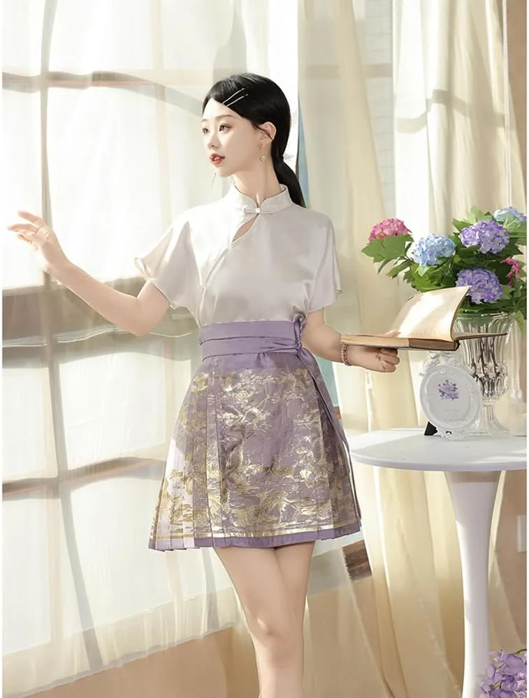 Women's Mamianqun Pleated Horce Face Skirt Chinese Hanfu Dress Mandarin Collar Blouse Mini Skirt Set