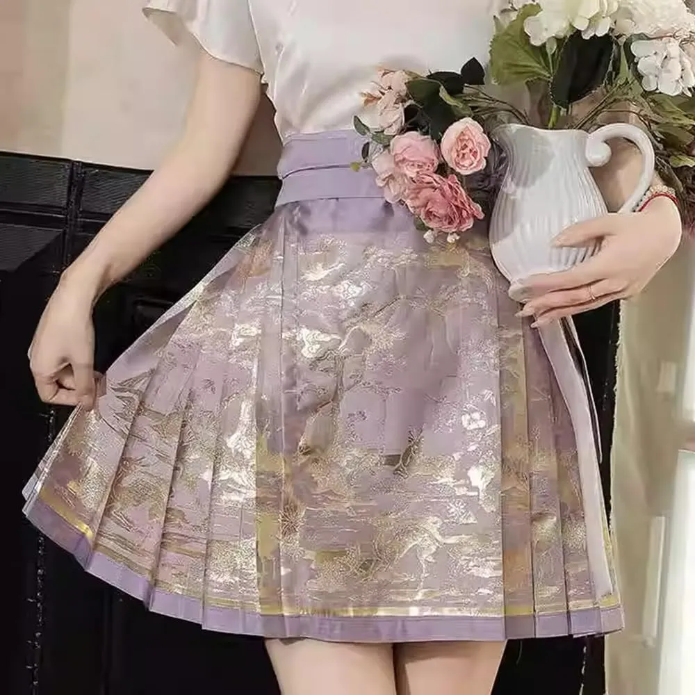 Women's Mamianqun Pleated Horce Face Skirt Chinese Hanfu Dress Mandarin Collar Blouse Mini Skirt Set