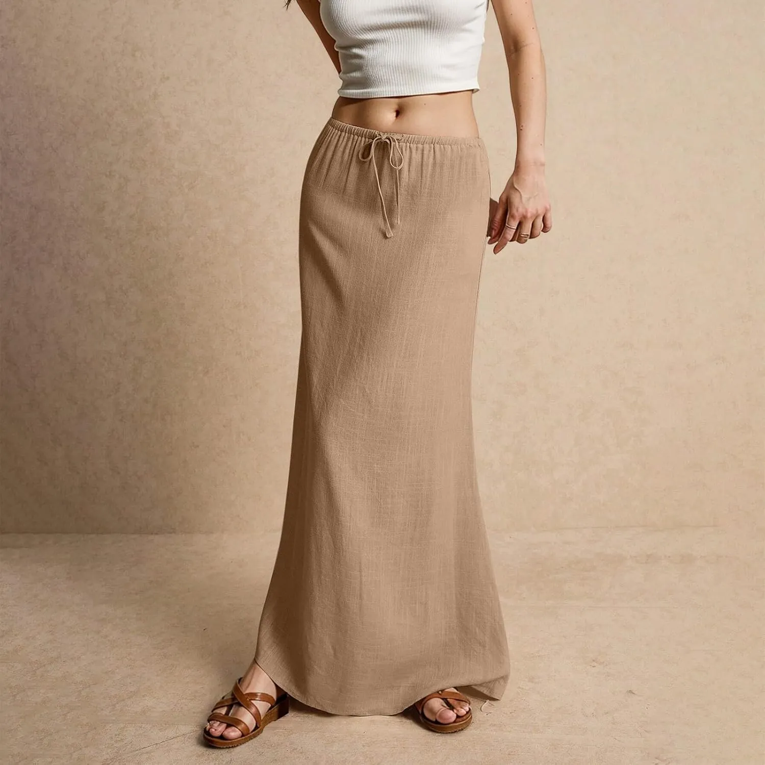Womens Maxi Skirt Summer Vacation Bodycon Boho Linen Skirts Trendy Low Rise Wrap Comfy Beach Pencil Long Skirts