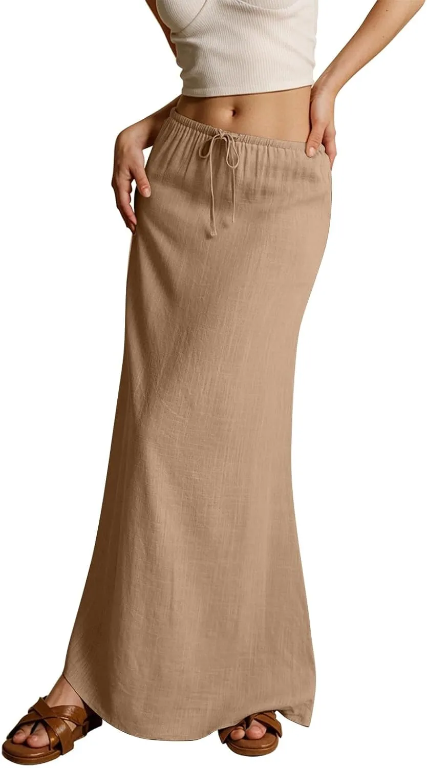 Womens Maxi Skirt Summer Vacation Bodycon Boho Linen Skirts Trendy Low Rise Wrap Comfy Beach Pencil Long Skirts