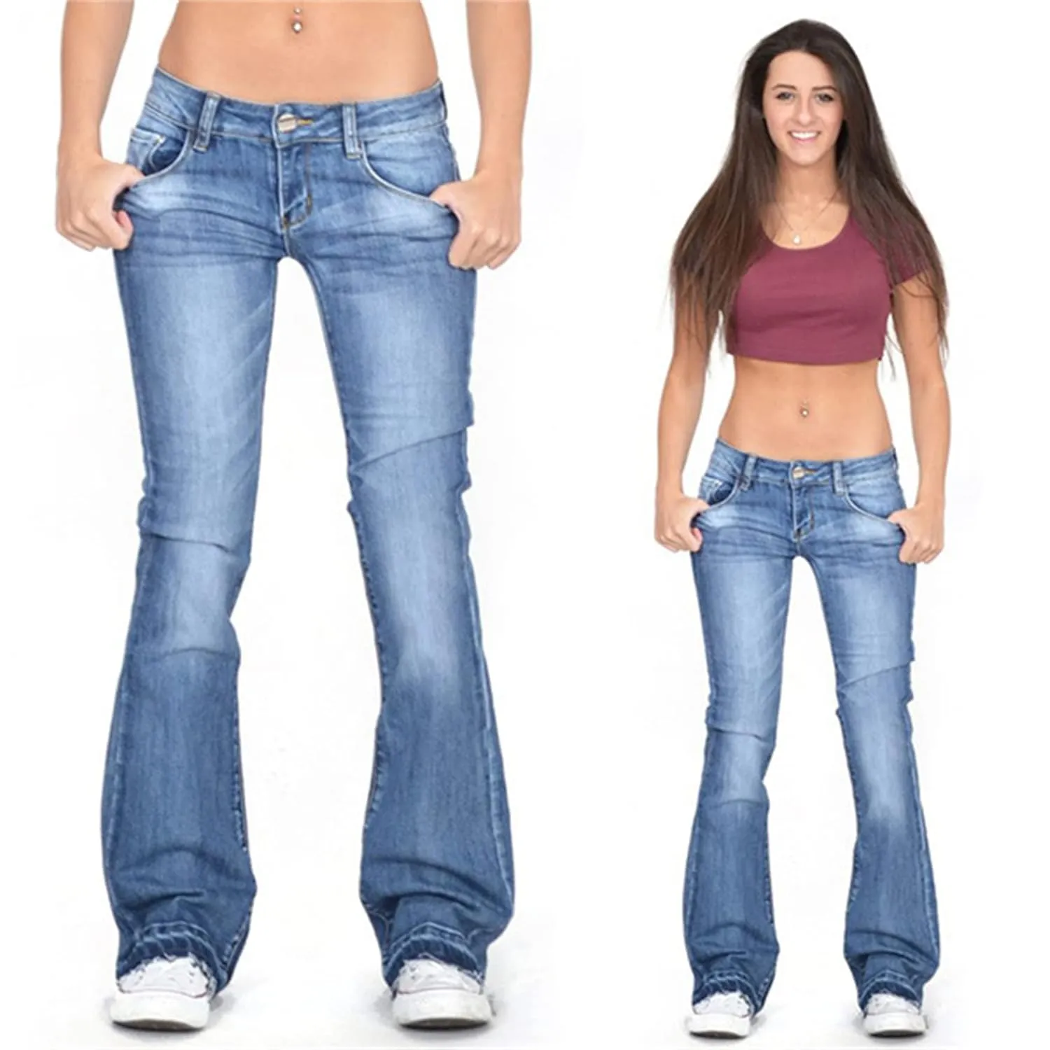 Women's Mid Waisted Stretchy Elastic Bell Bottom Jeans Juniors Flared Wide Leg Denim Pants Stretch Classic Flare Jeans (3X-Large,Light Blue)