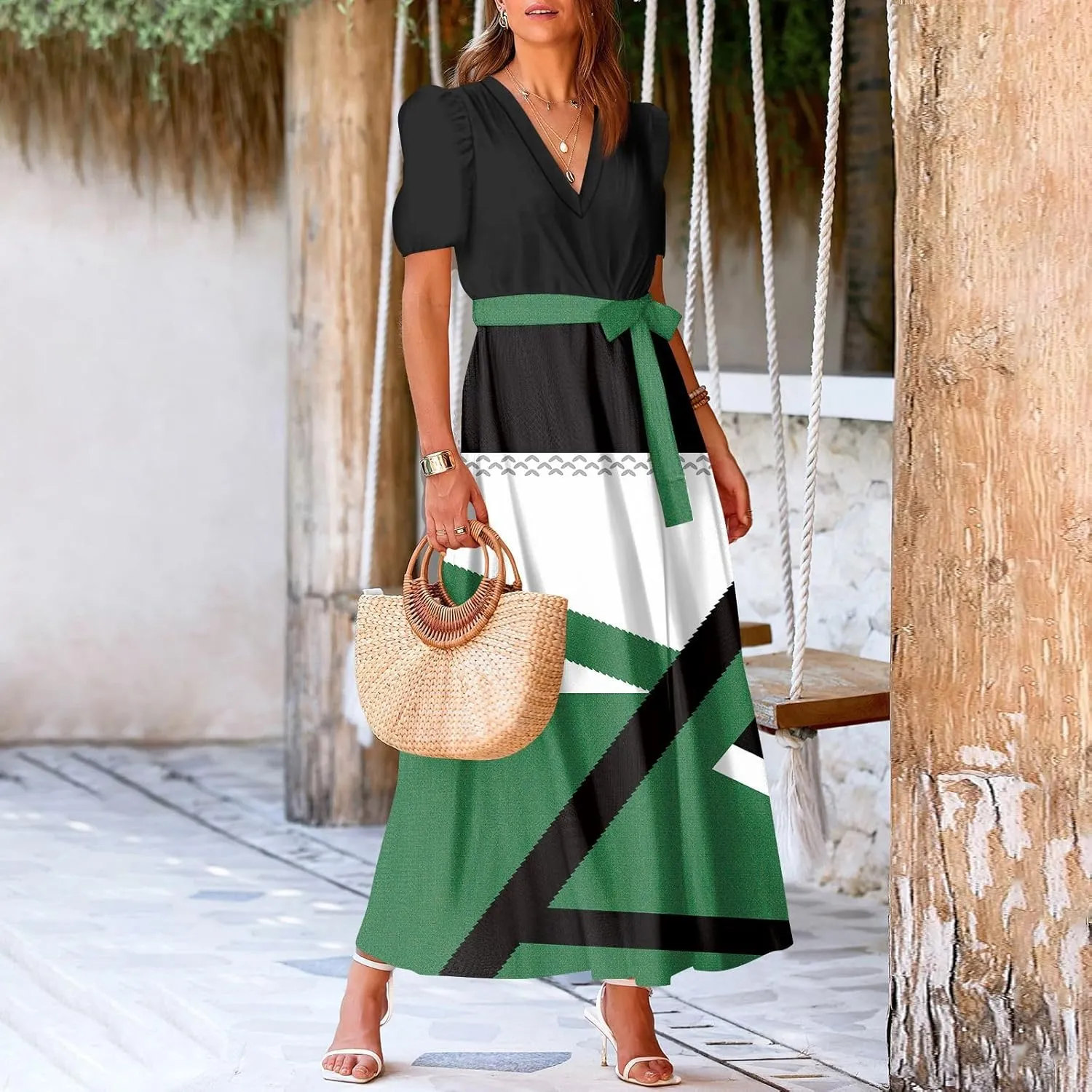 Women's Midi Dresses Casual Loose Trendy Short Sleeve V-Neck Floral Printed Sun Beach Vacation Maxi Dress, S-2XL