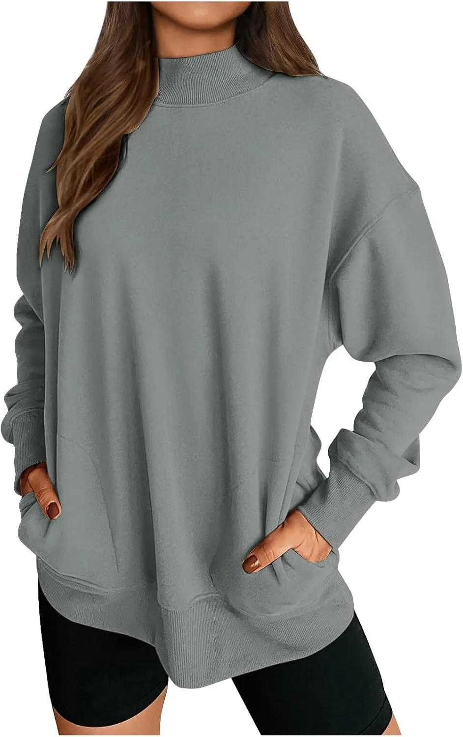 Womens Mock Neck Oversized Sweatshirts with Pockets Fleece Tops Pullover No Hood Sweater for Cold Freezing Weather