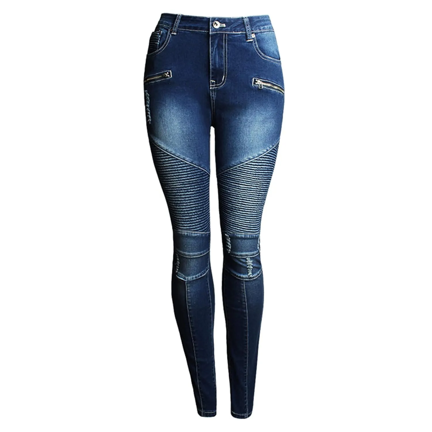 Women's Motorcycle Biker Jeans Zip Mid Waist Stretch Denim Skinny Pants Motor Jeans Distressed Denim Pants (Small,Blue)