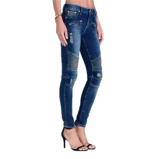 Women's Motorcycle Biker Jeans Zip Mid Waist Stretch Denim Skinny Pants Motor Jeans Distressed Denim Pants (Small,Blue)