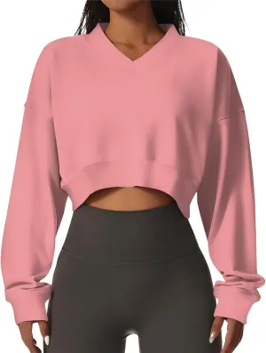 Women's Oversized Cropped Sweatshirts Crewneck Solid Color Workout Loose Pullover Sweater Fall Outfits
