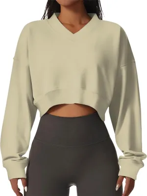 Women's Oversized Cropped Sweatshirts Crewneck Solid Color Workout Loose Pullover Sweater Fall Outfits