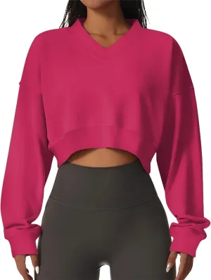 Women's Oversized Cropped Sweatshirts Crewneck Solid Color Workout Loose Pullover Sweater Fall Outfits