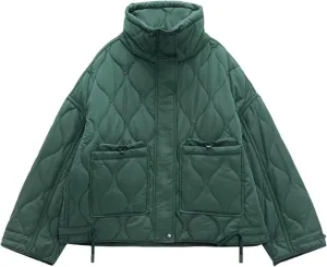 Women's Oversized Lightweight Quilted Jacket Fashion Cropped Thermal Padded Coat 2024 Winter Daily Casual Sport Outwear