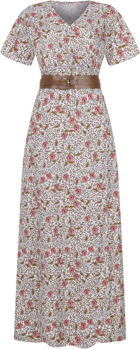 Women's Paisley Dress Short Sleeve Floral Maxi Long Dress Boho Flowy Casual Dresses