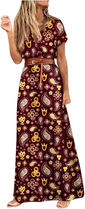 Women's Paisley Dress Short Sleeve Floral Maxi Long Dress Boho Flowy Casual Dresses