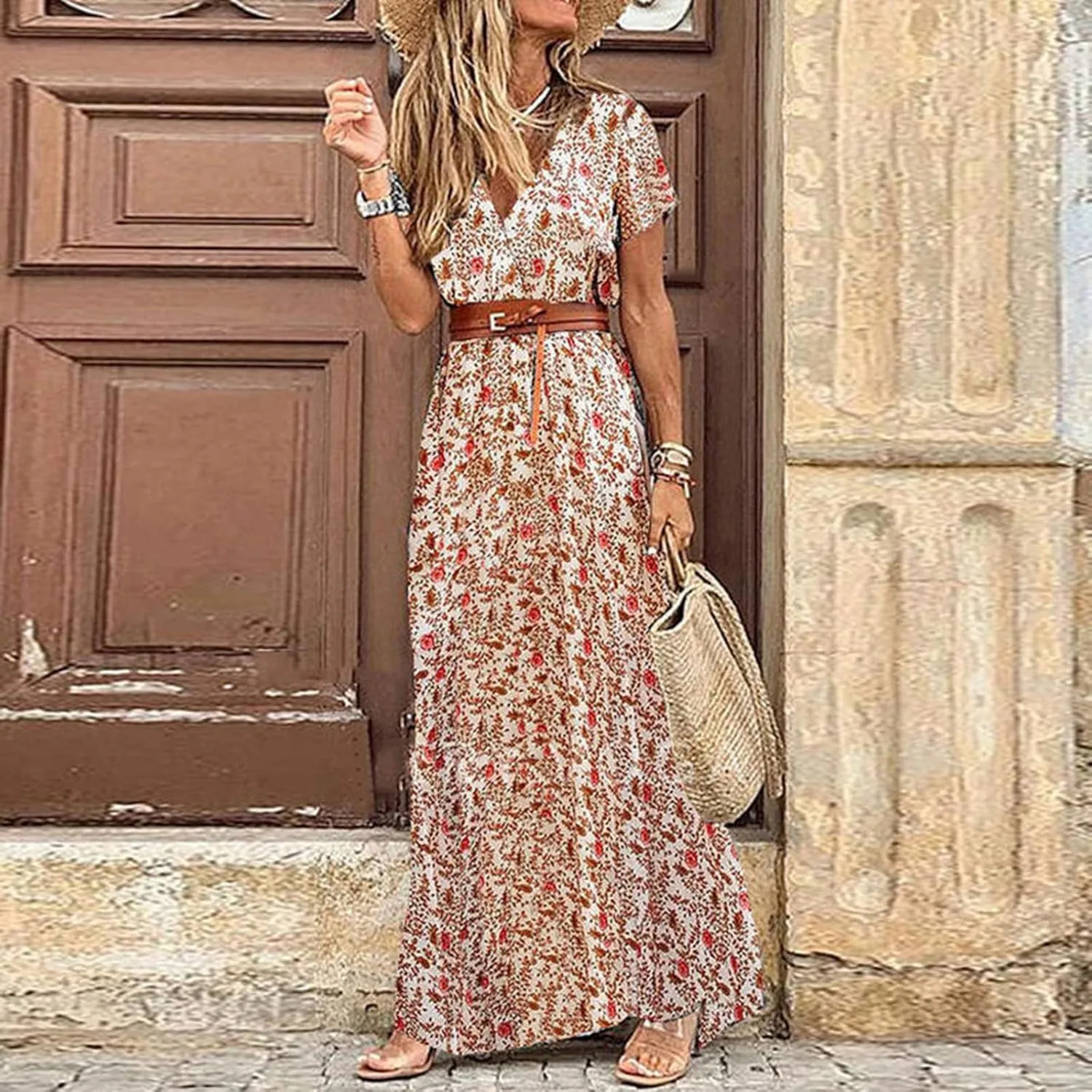 Women's Paisley Dress Short Sleeve Floral Maxi Long Dress Boho Flowy Casual Dresses