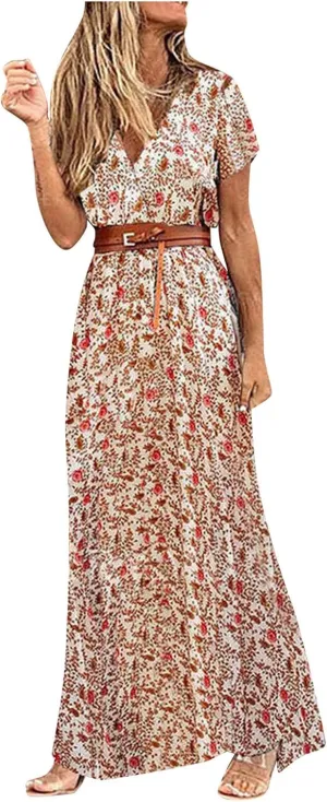 Women's Paisley Dress Short Sleeve Floral Maxi Long Dress Boho Flowy Casual Dresses