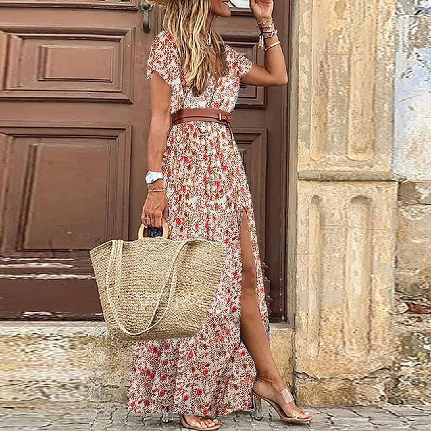 Women's Paisley Dress Short Sleeve Floral Maxi Long Dress Boho Flowy Casual Dresses