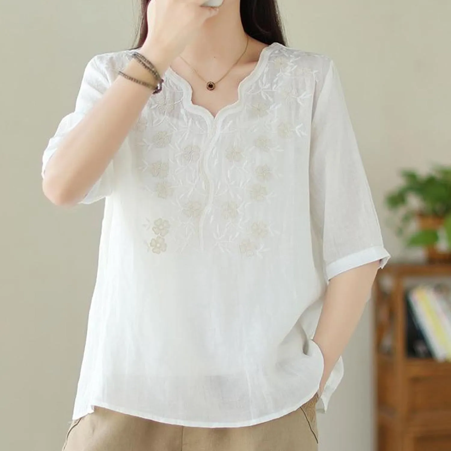 Womens Peasant Tops and Blouses Summer Embroidered Cotton Linen Shirt Casual Bohemian Short Sleeve Tshirts