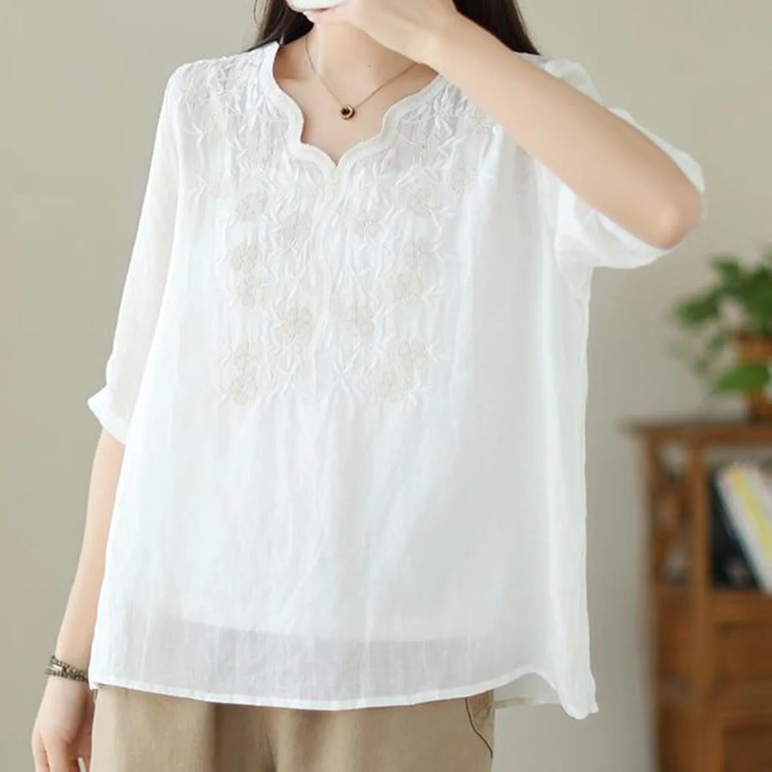 Womens Peasant Tops and Blouses Summer Embroidered Cotton Linen Shirt Casual Bohemian Short Sleeve Tshirts