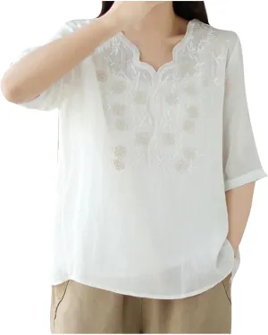 Womens Peasant Tops and Blouses Summer Embroidered Cotton Linen Shirt Casual Bohemian Short Sleeve Tshirts