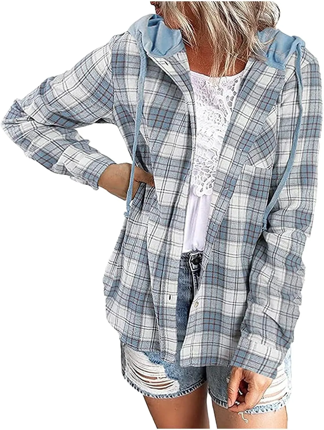 Womens Plaid Jacket Casual Button Down Checkered Hooded Jackets Oversized Loose Lightweight Shackets Outerwear