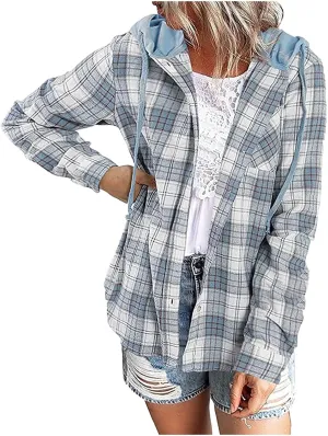 Womens Plaid Jacket Casual Button Down Checkered Hooded Jackets Oversized Loose Lightweight Shackets Outerwear