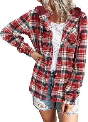 Womens Plaid Jacket Casual Button Down Checkered Hooded Jackets Oversized Loose Lightweight Shackets Outerwear