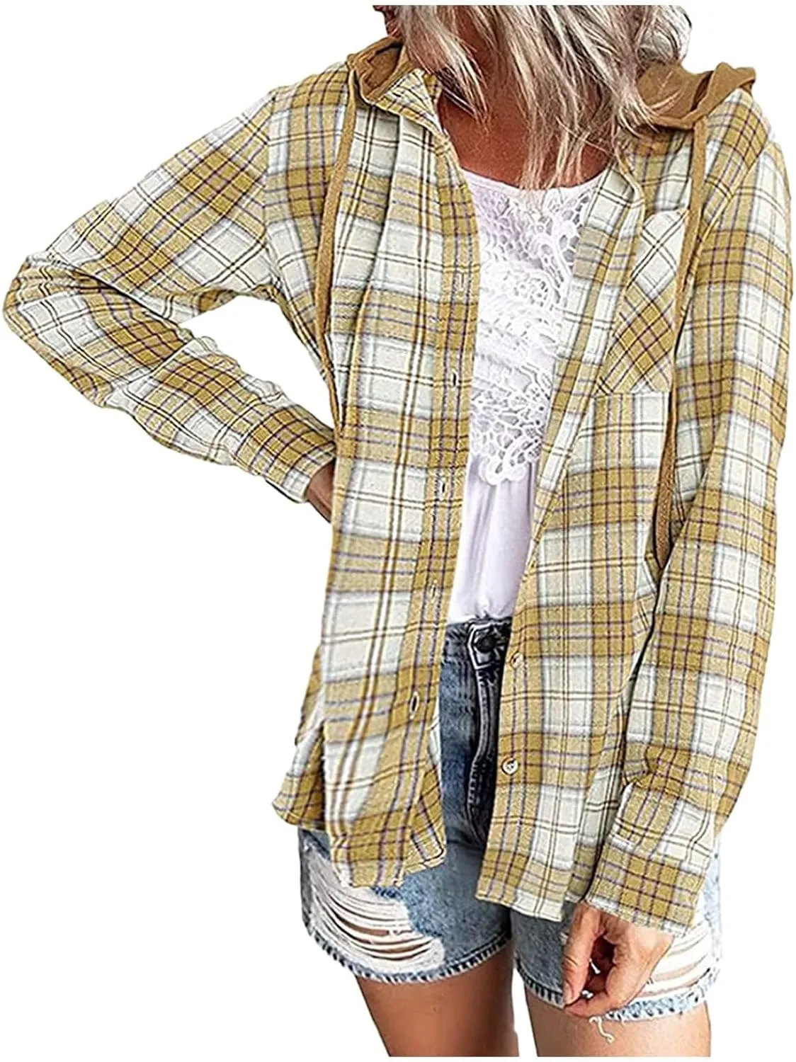 Womens Plaid Jacket Casual Button Down Checkered Hooded Jackets Oversized Loose Lightweight Shackets Outerwear
