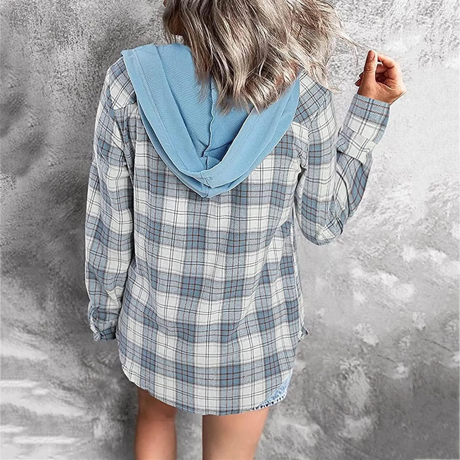 Womens Plaid Jacket Casual Button Down Checkered Hooded Jackets Oversized Loose Lightweight Shackets Outerwear