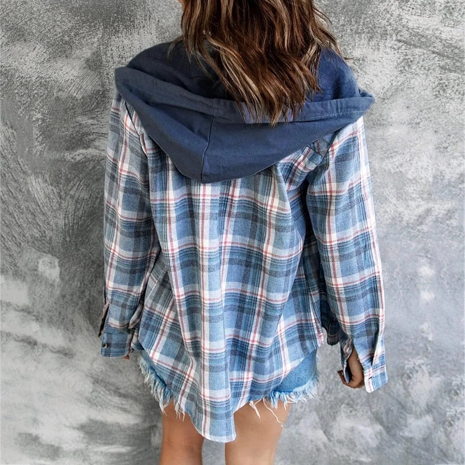 Womens Plaid Jacket Casual Button Down Checkered Hooded Jackets Oversized Loose Lightweight Shackets Outerwear