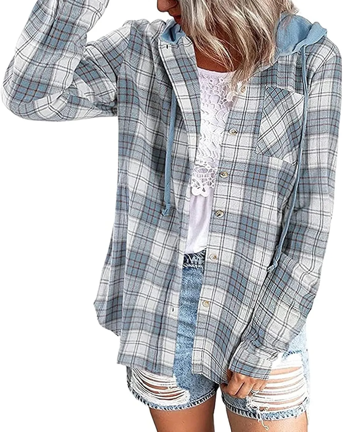 Womens Plaid Jacket Casual Button Down Checkered Hooded Jackets Oversized Loose Lightweight Shackets Outerwear