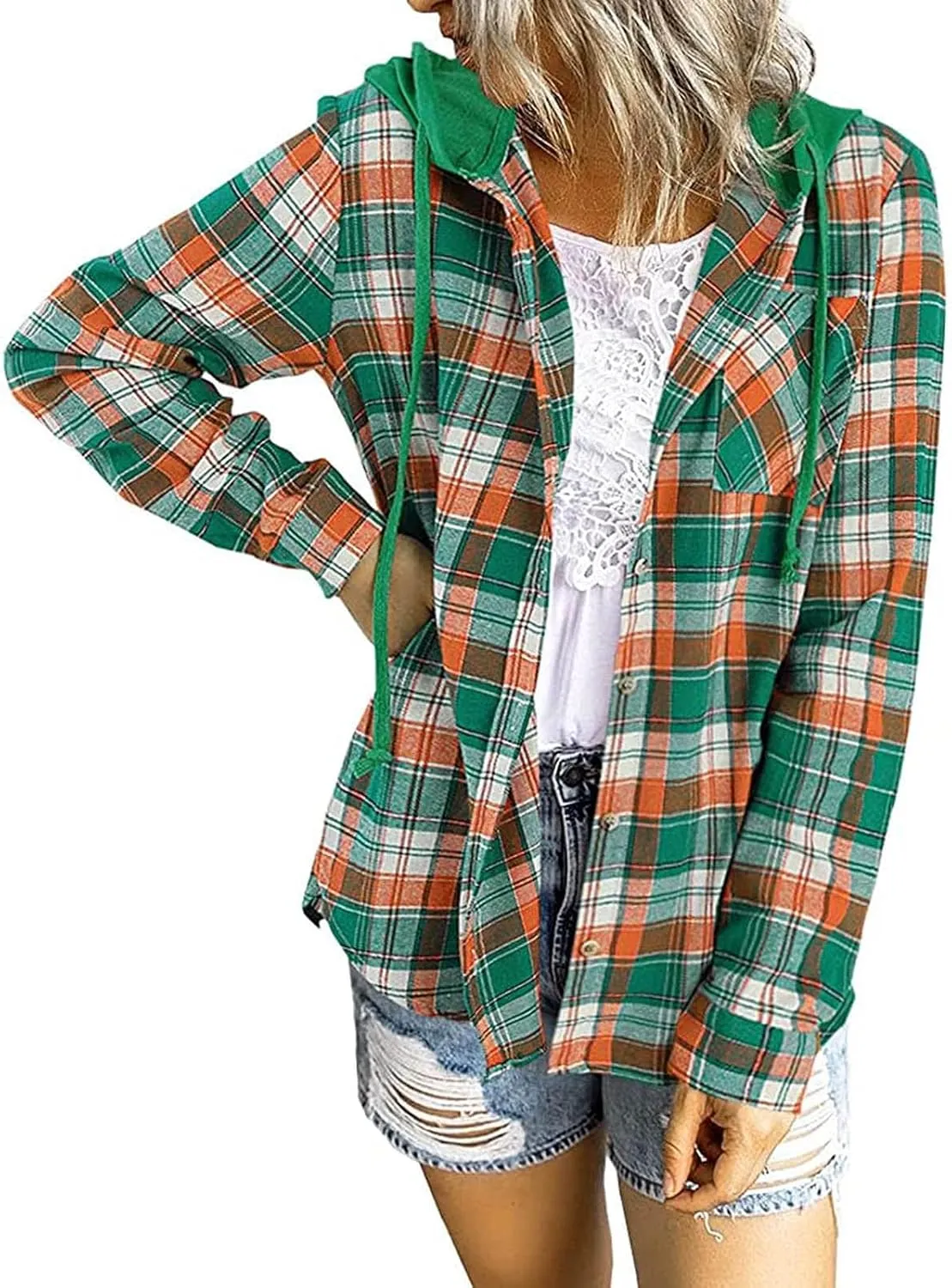 Womens Plaid Jacket Casual Button Down Checkered Hooded Jackets Oversized Loose Lightweight Shackets Outerwear